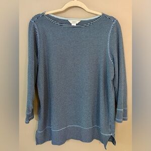 CJ Banks 0X Navy and Light Blue  Striped 3/4 Sleeved Top With a Ballet Neck